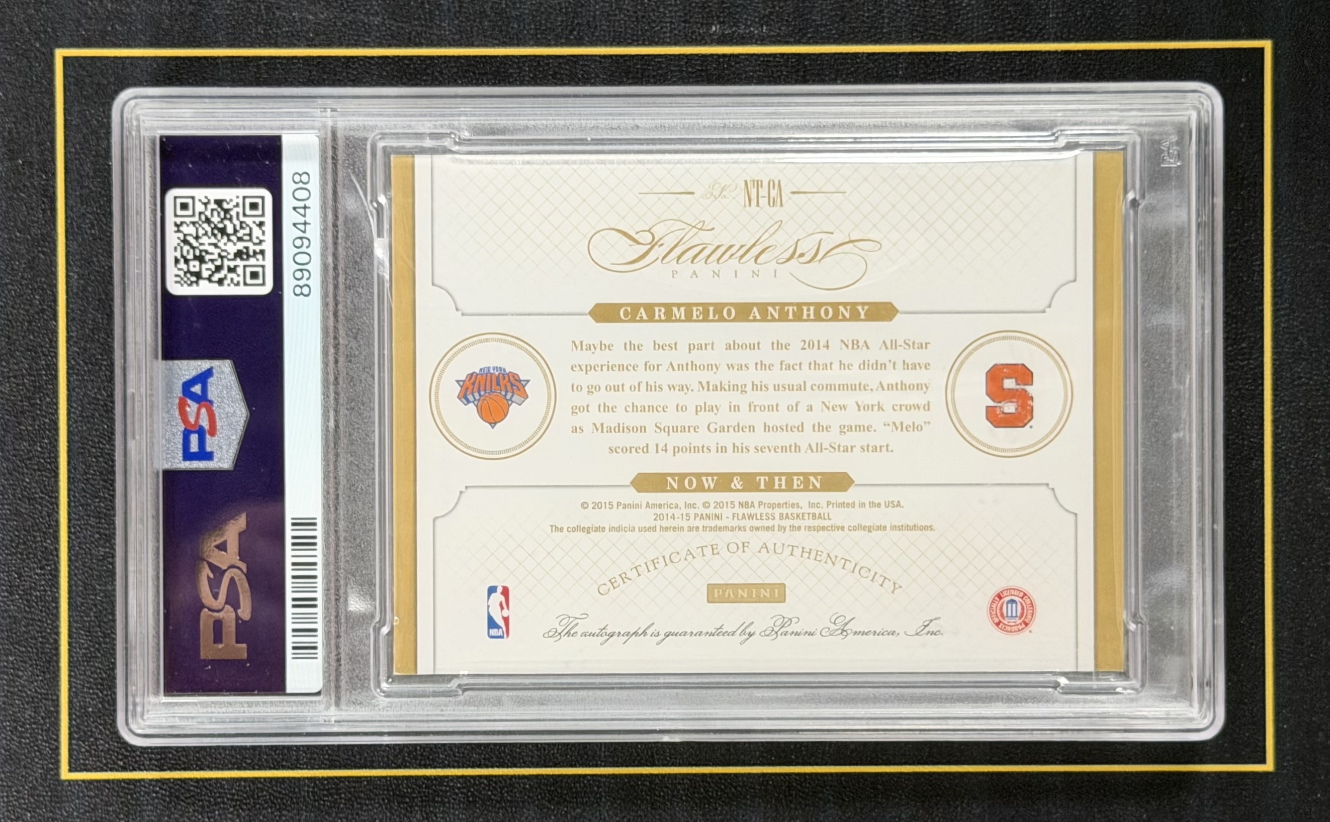 【超新星精品】2014-15 Panini Flawless Carmelo Anthony 手提 尼克斯 甜瓜 卡梅隆安东尼 10编 金闪版 Now&Then签 过去与现在签 前世今生签 卡签 PSA9分签字评级【V013008R004】