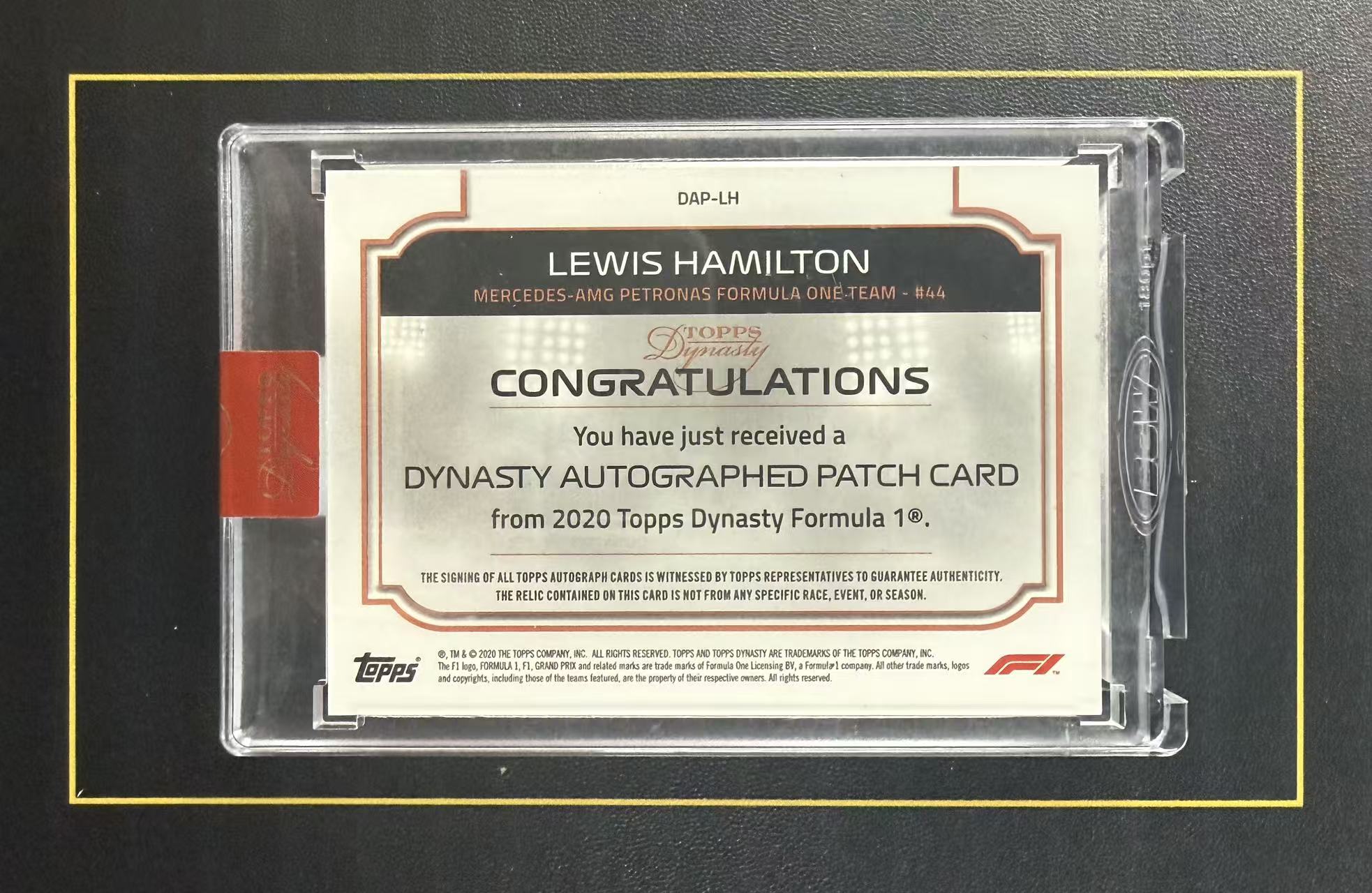 【超新星精品】2020 Topps Dynasty Lewis Hamilton 元年 王朝 梅赛德斯奔驰 刘易斯汉密尔顿 5/5编 尾编 红平行 PA 赞助商实物切割 系列hit 卡签 签字 原封砖 墨迹如图【V151004C003】