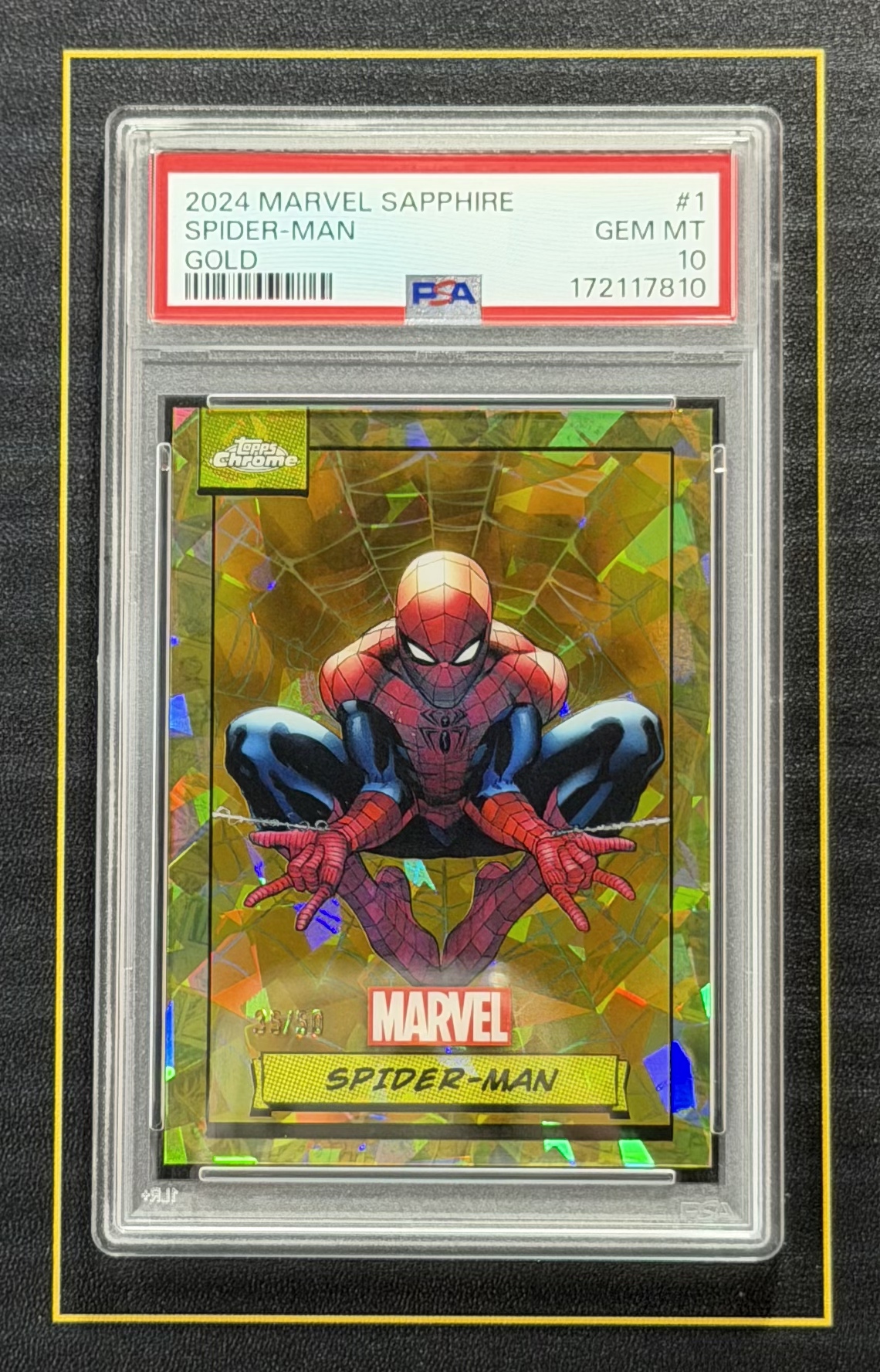 【超新星精品】2024 Topps Chrome Sapphire Marvel TC漫威 蓝宝石 元年 Spider Man 蜘蛛侠 50编 金碎冰折 折射 PSA10分评级【V9930088013】