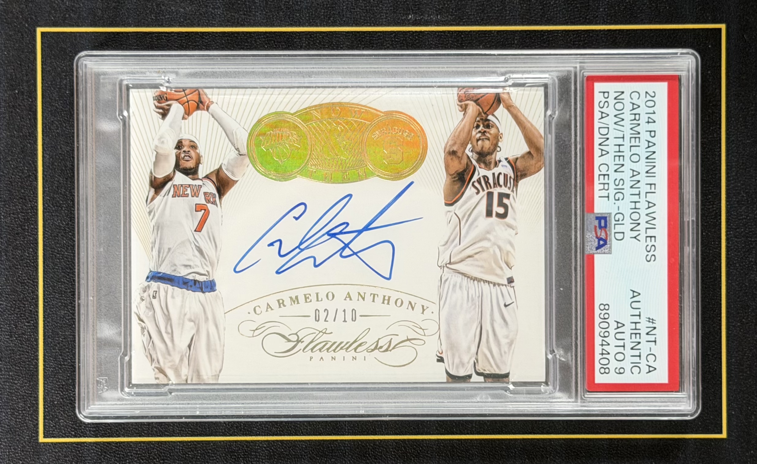 【超新星精品】2014-15 Panini Flawless Carmelo Anthony 手提 尼克斯 甜瓜 卡梅隆安东尼 10编 金闪版 Now&Then签 过去与现在签 前世今生签 卡签 PSA9分签字评级【V013008R004】