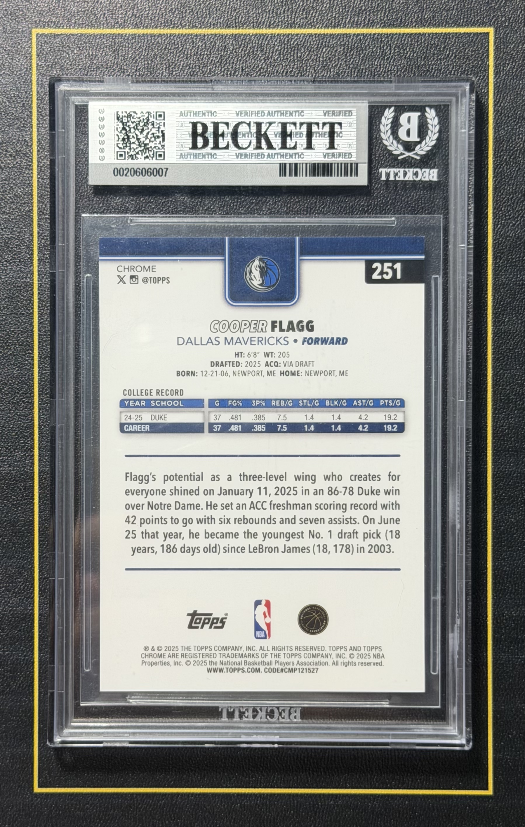 【超新星精品】2025-26 Topps Chrome Cooper Flagg RC 新秀 独行侠 库珀弗拉格 蓝格子折 蓝棋盘折 折射 Color Match BGS9分评级 美国之子【C08M007e003】