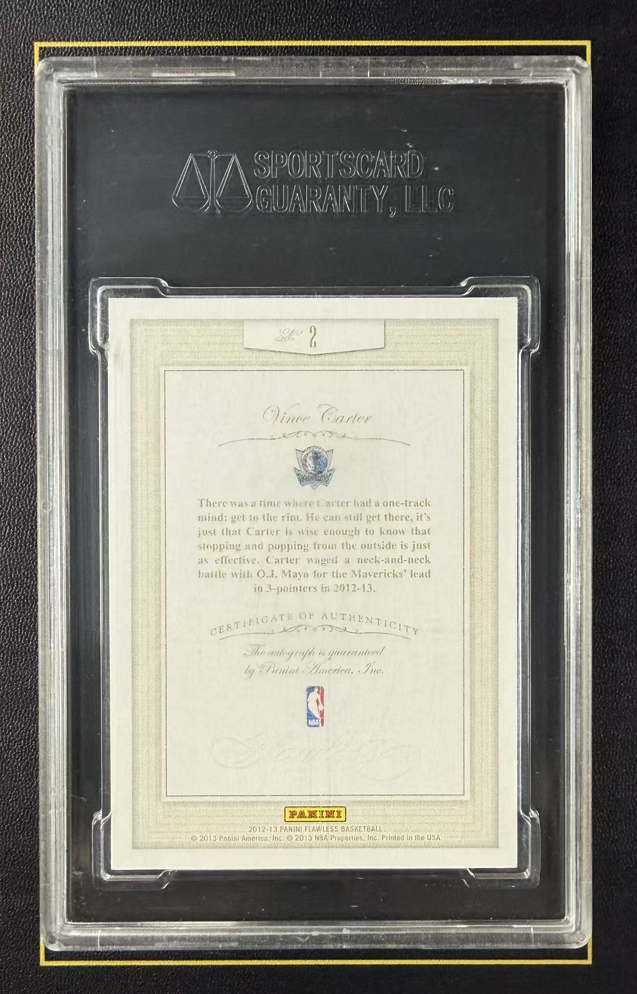 【超新星精品】2012-13 Panini Flawless Vince Carter 手提 独行侠 文斯卡特 1/1编 ofo 手写编 回购签 Inscriptions签 卡签 SGC9分签字10分评级 壳损【V6980074003】