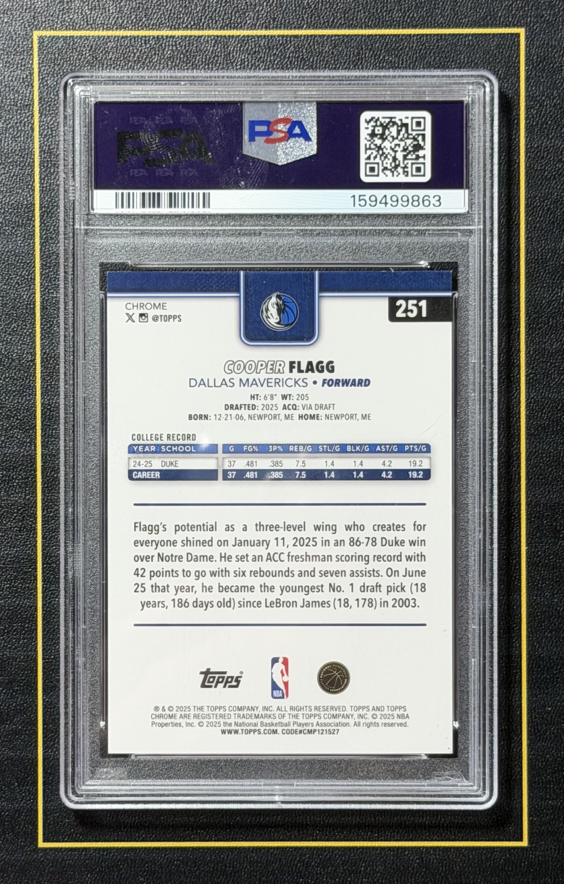 【超新星精品】2025-26 Topps Chrome Cooper Flagg RC 新秀 独行侠 库珀弗拉格 蓝格子折 蓝棋盘折 折射 Color Match PSA8分评级 美国之子【V5150078002】